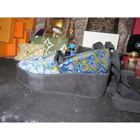 FURLA Capriccio Italian Leather Floral Platform Mule Flat Wedge ankle ties sz 38 - Picture 1 of 15
